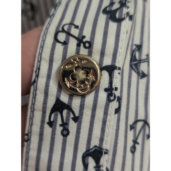 Women's vertical pinstripe w/anchor print cotton button up Henley neckline top - Picture 5 of 13